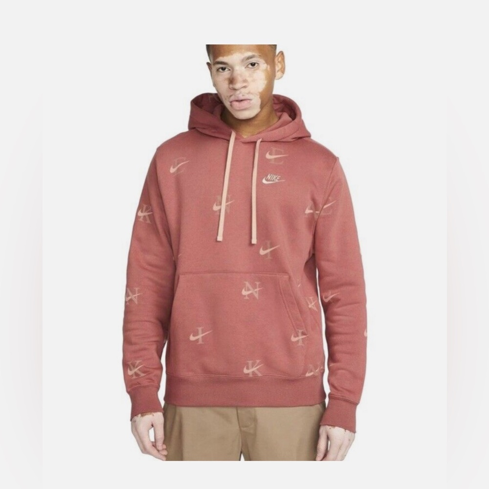 Nike Club Pullover Hoodie All Over Swoosh Print Brick Red Size Small Men’s